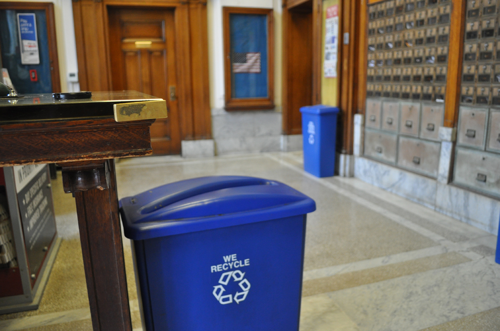 Recycle bins at Bar Harbor postoffice